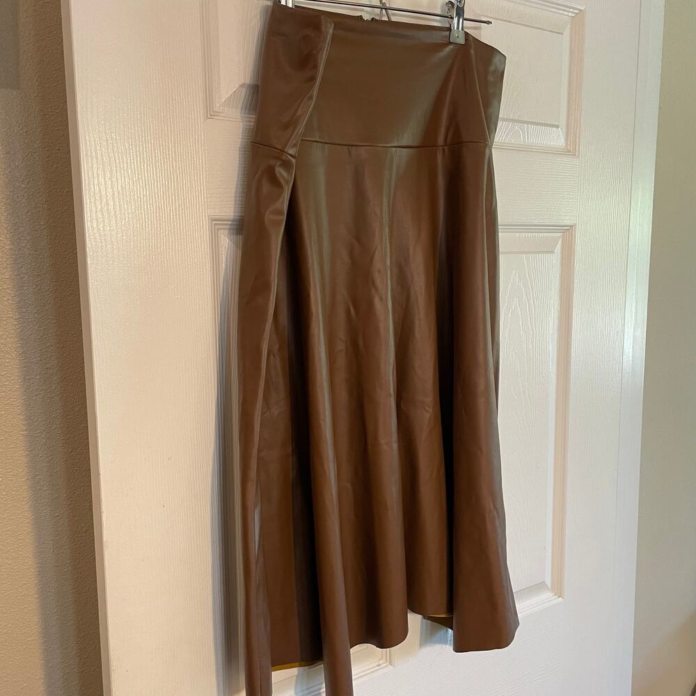 7 for All Mankind Asymmetrical Hem Faux leather Midi Skirt Tan Size Large